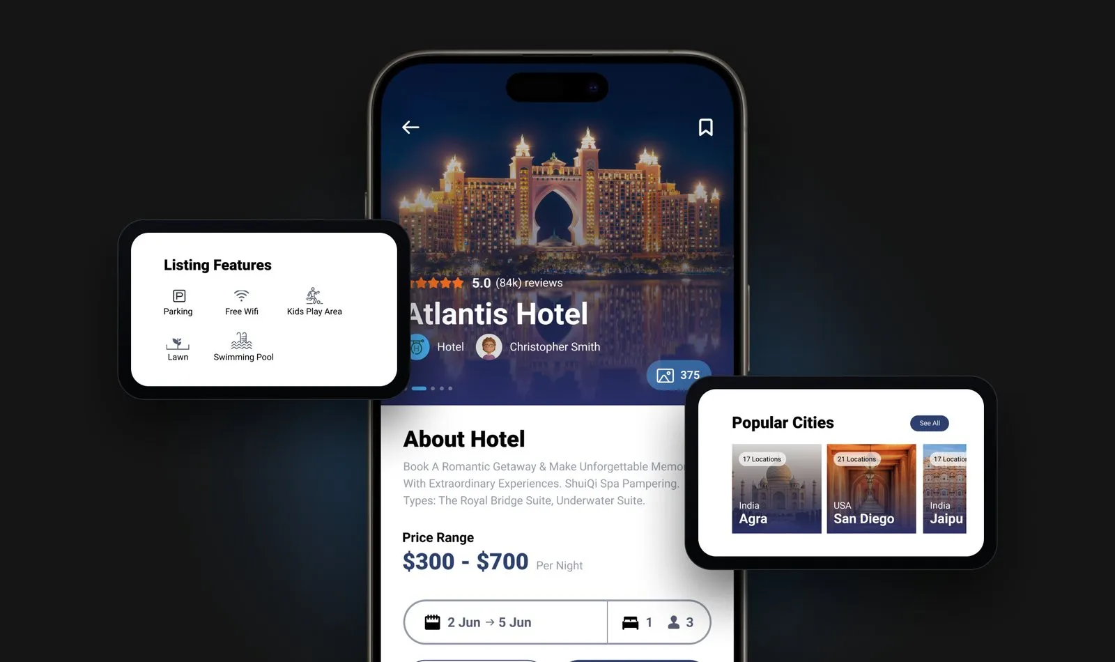 Travel booking app, screen 2 of 4